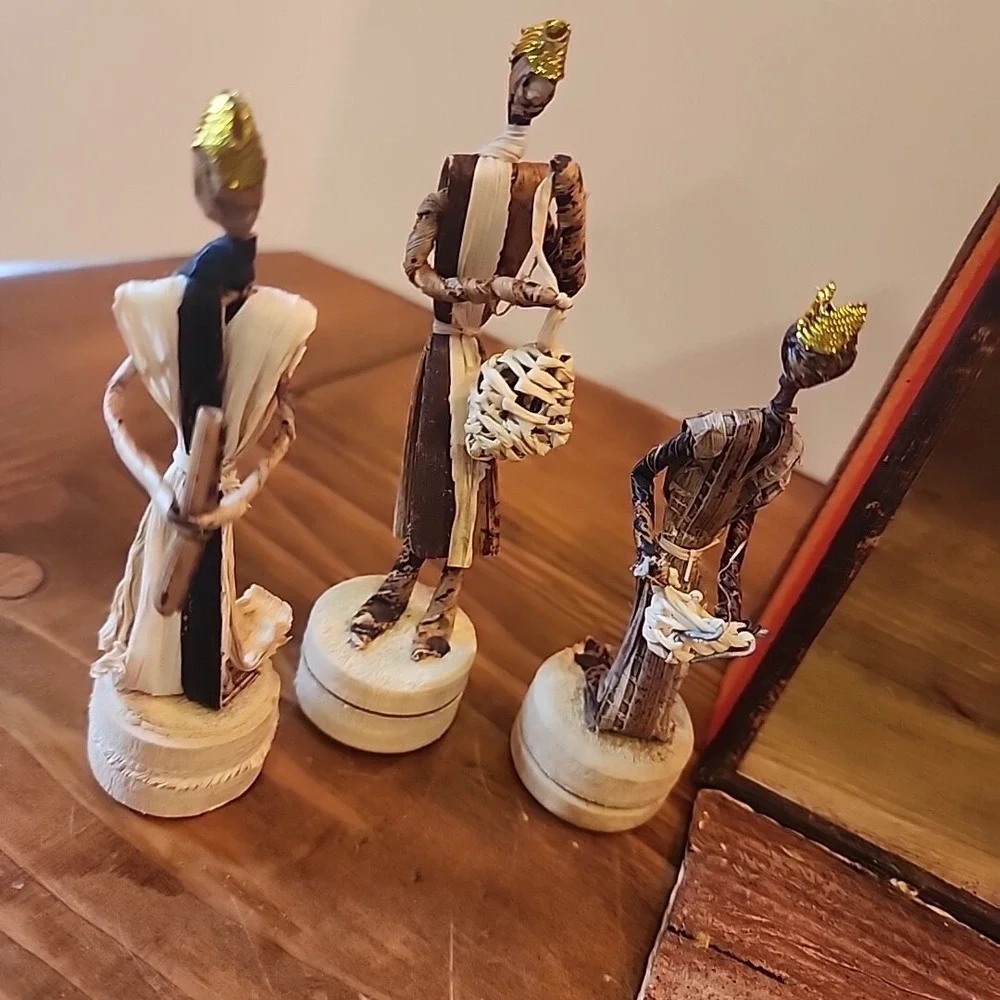African Christmas Nativity Scene Banana Fiber Wood Unique Holiday Display Tribal